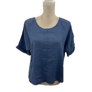 NWOT J Jill Pure Linen Oversized Blue Blouse Top Womens XS Petite Short Sleeve